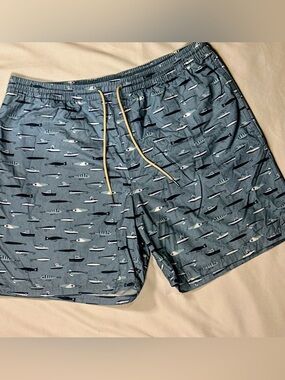 Men's Slate Blue Fishing Boat Print Swim Trunks
